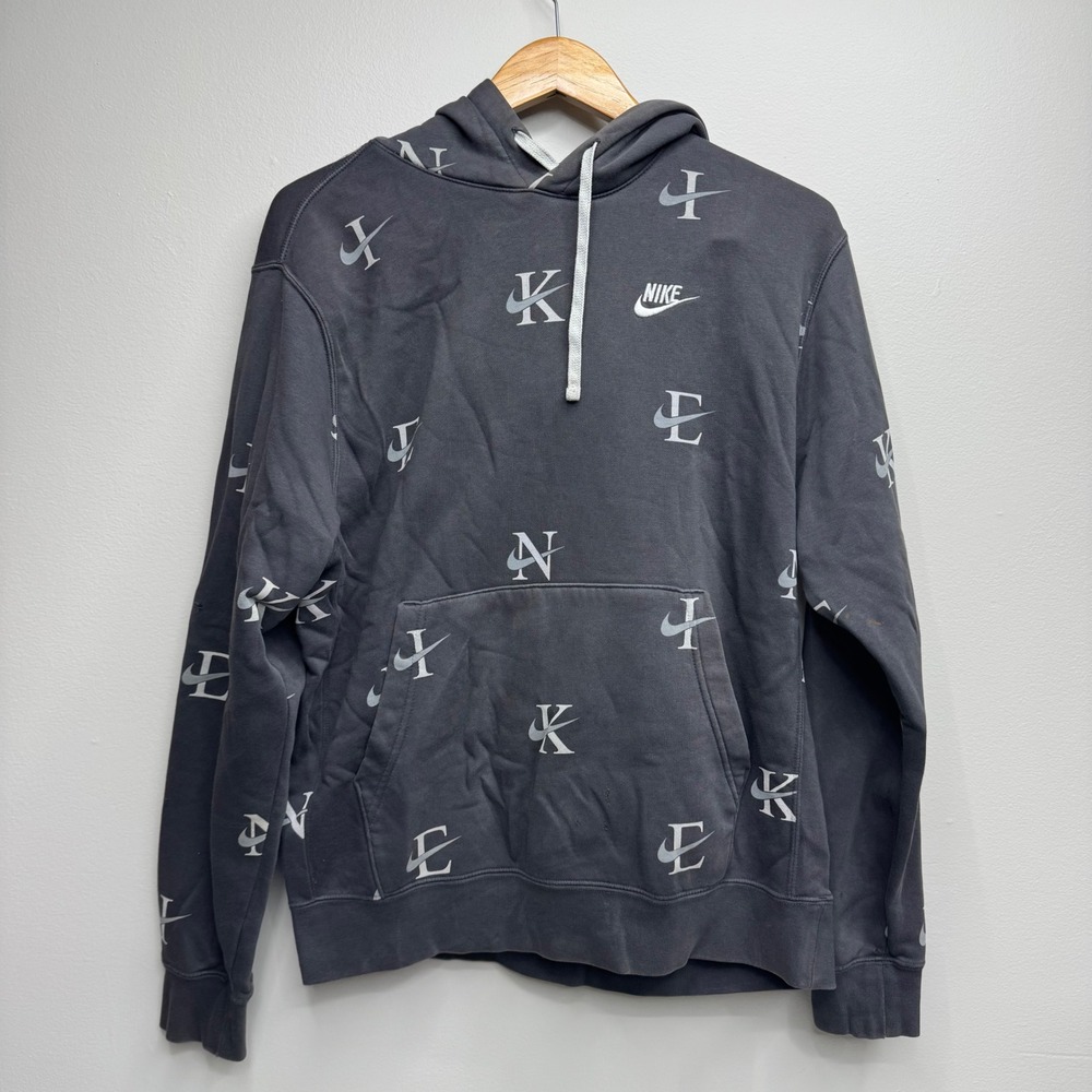 Nike Mens All Over Print Logo Swoosh Pullover Hoodie Dark Gray Medium